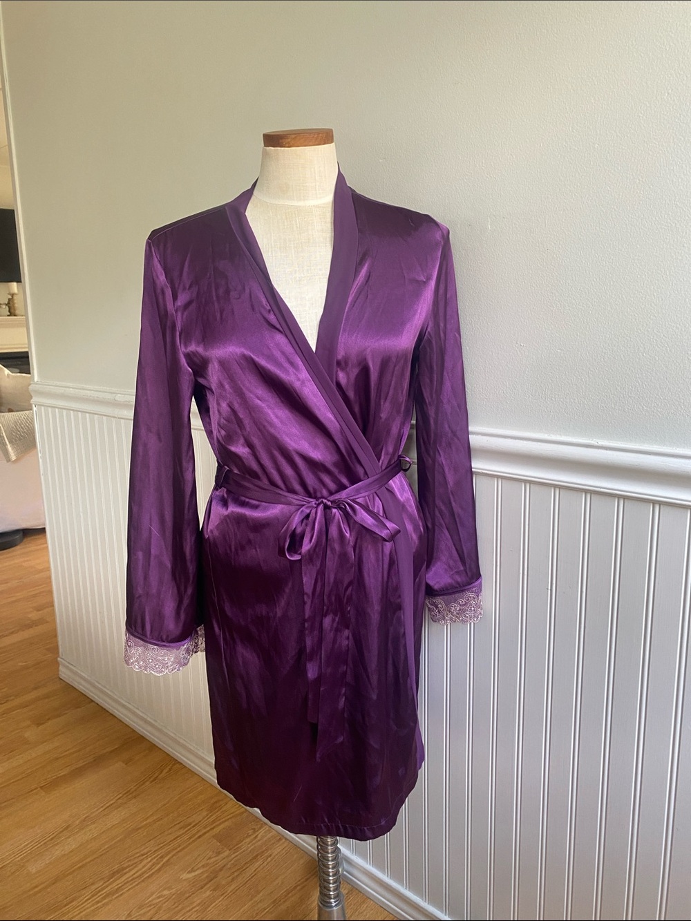 Maiden lform Silky Purple Wrap Robe with Lace Trim - Women Intimates